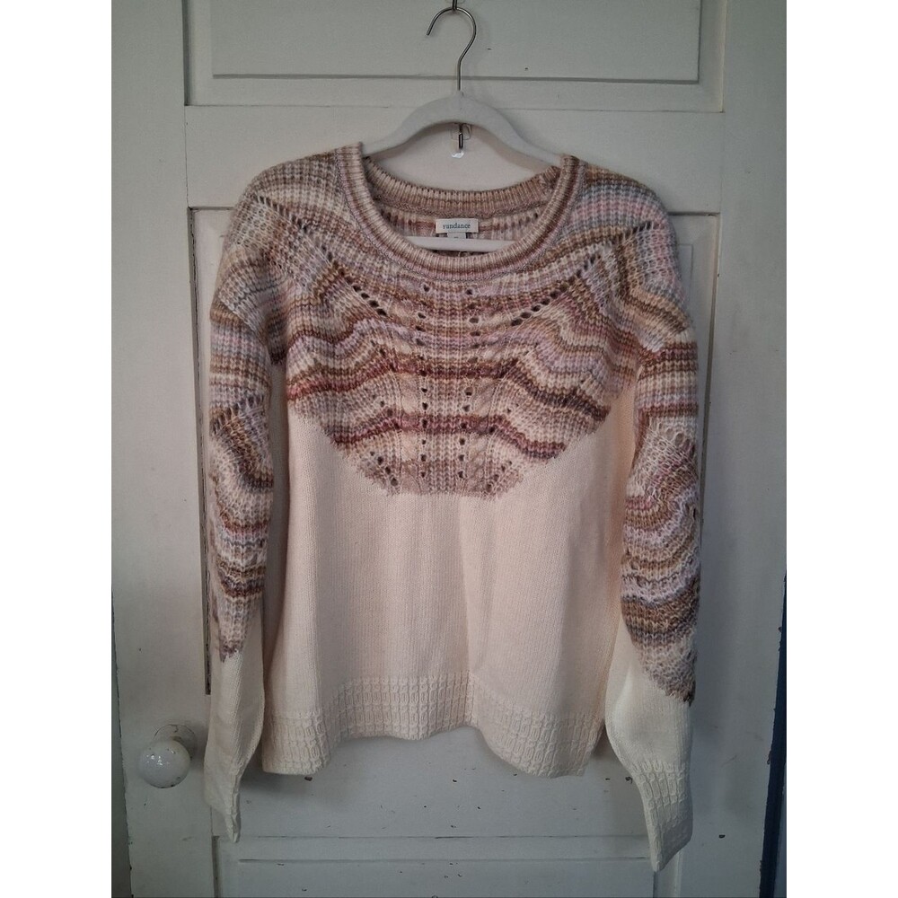 Sundance Carito Crew Neck Pullover Sweater Mocha Striped Yoke Wide Sleeves Sz XL